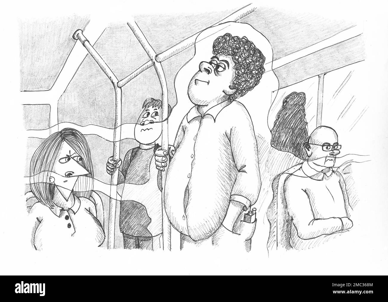 Fumeur dans le bus, odeur de fumée. Illustration. Banque D'Images