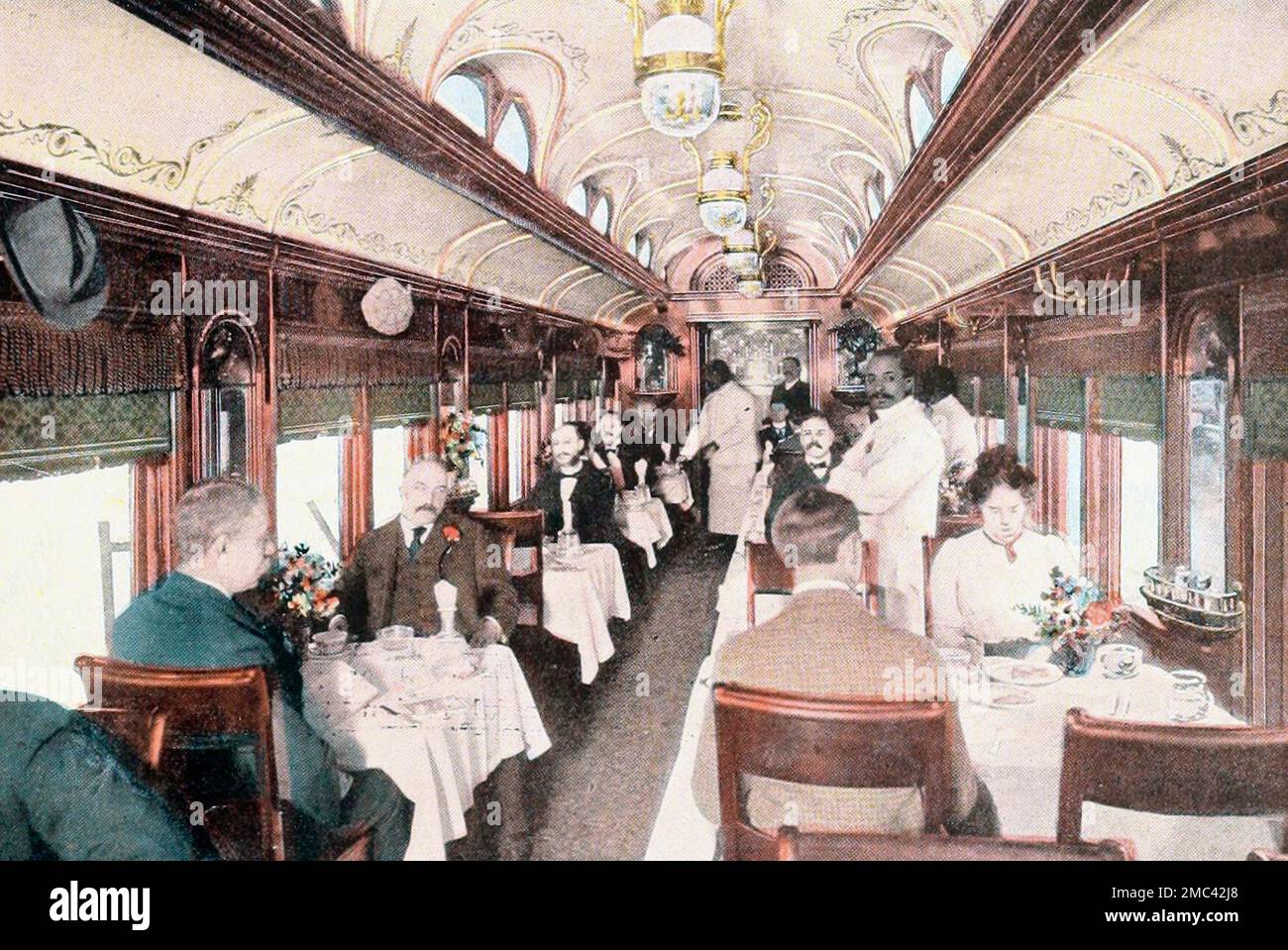 Voiture à manger intérieure sur le chemin de fer Union Pacific, vers 1900 Banque D'Images