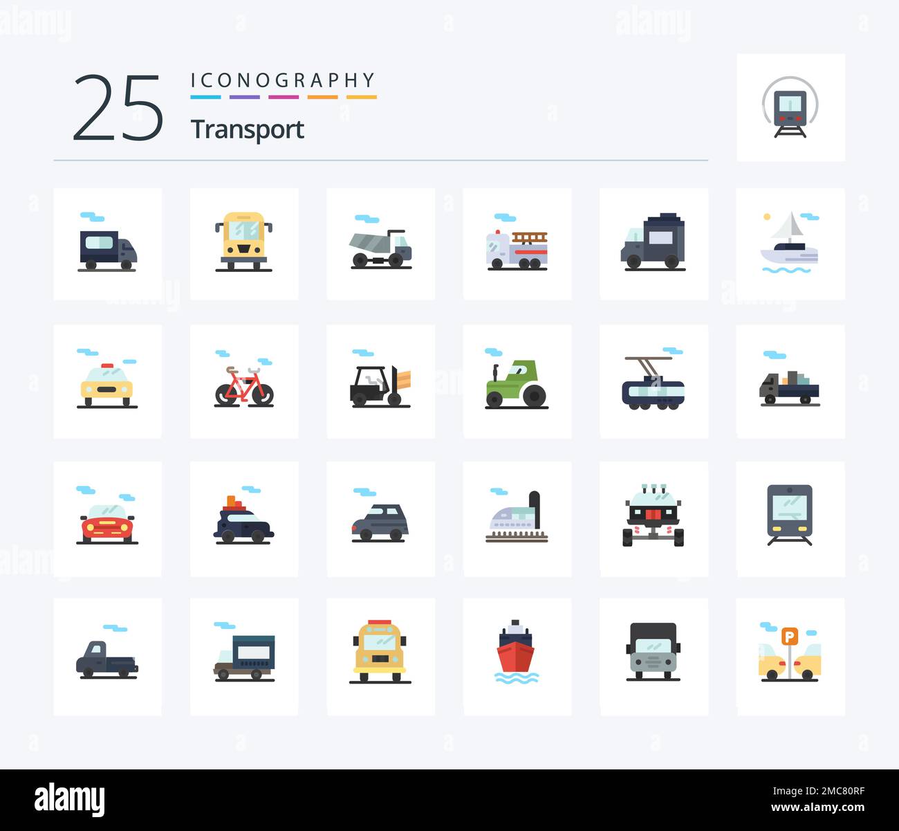 Kit de transport 25 Flat Color Icon avec voiture. rivière. quad. bateau. personnes Illustration de Vecteur