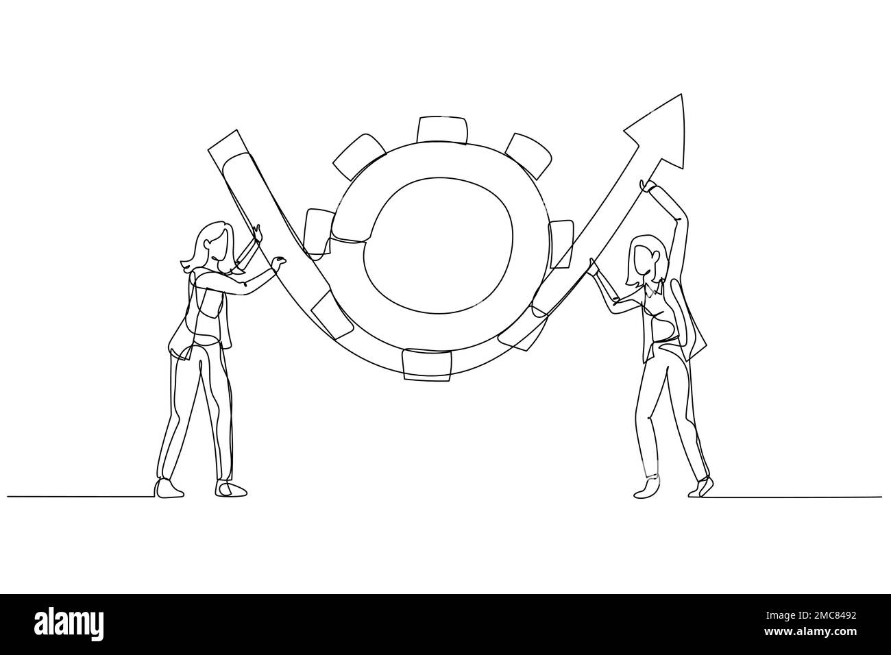 Dessin animé d'une femme d'affaires partenaire aider à faire tourner la roue dentée d'équipement pour faire remonter flèche vers le haut du concept de transformation d'affaires. Style art sur une seule ligne Illustration de Vecteur