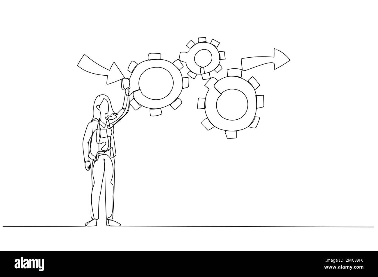 Le dessin animé de femme d'affaires rend les roues dentées efficaces et efficaces pour le meilleur résultat concept de gestion de flux de travail. Style de dessin au trait continu unique Illustration de Vecteur