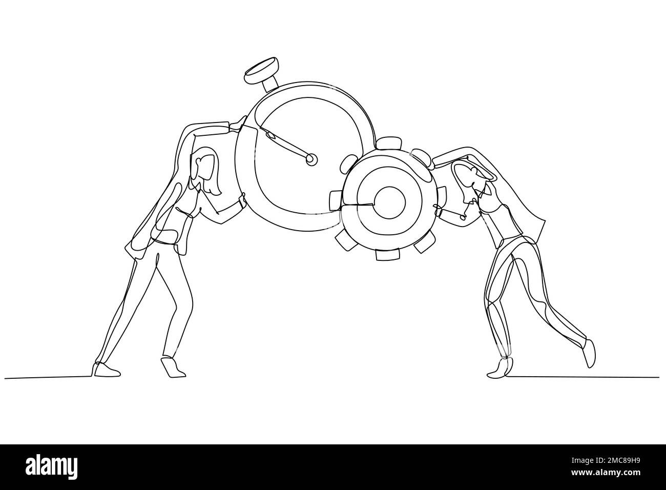 Illustration d'une femme d'affaires combinant horloge avec et engrenage concept de roue dentée de gestion du temps et de production. Un style d'art sur une ligne Illustration de Vecteur