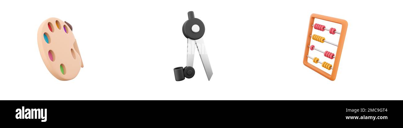 3d palette d'art de rendu, compas, icône de calculatrice définie sur fond blanc. 3d palette d'art de rendu, compas, jeu d'icônes de la calculatrice. Banque D'Images
