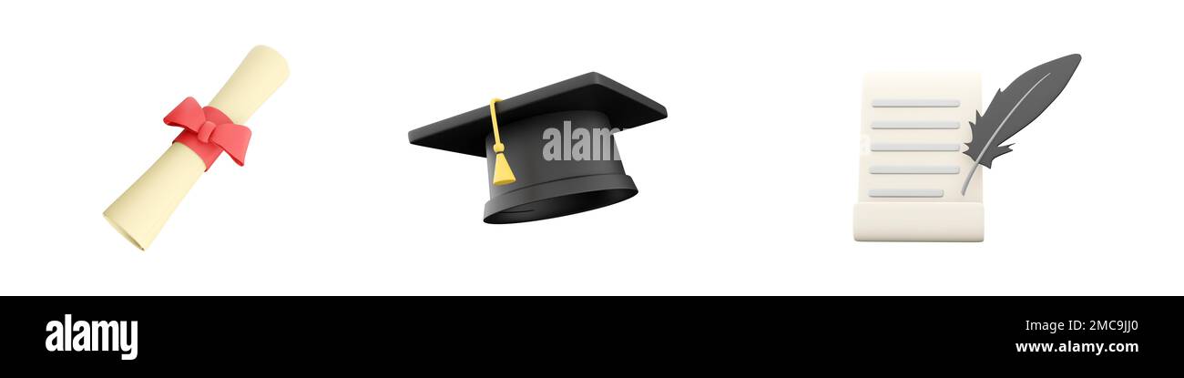3d diplôme de rendu, chapeau de graduation, icône de rouleau de papier sur fond blanc. 3d diplôme de rendu, chapeau de graduation, jeu d'icônes de rouleau de papier. Banque D'Images
