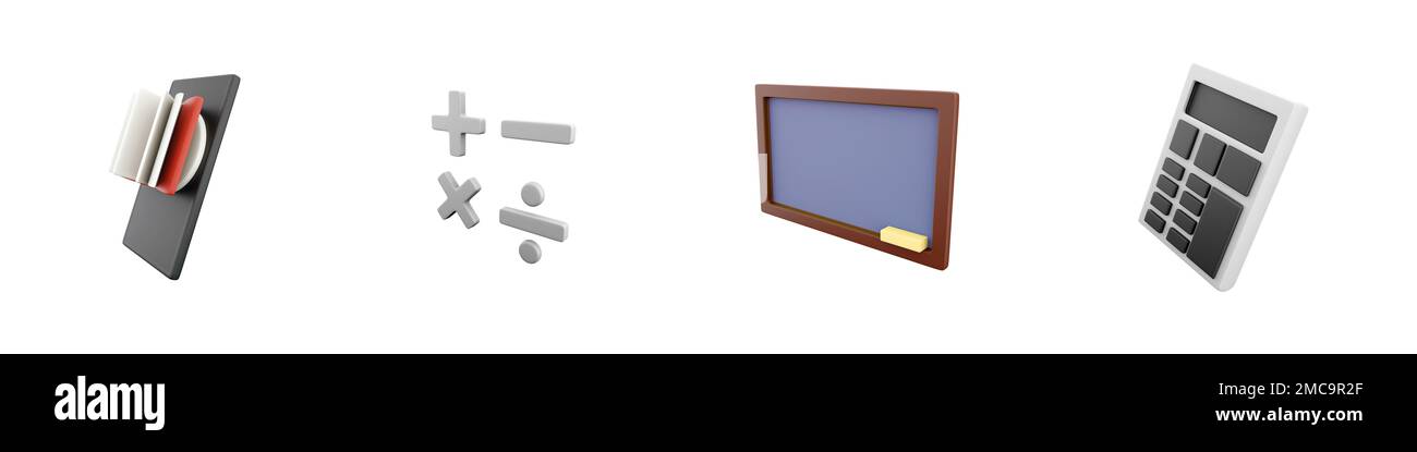 3d livre de rendu, opérations mathmestiques, carte, icône de calculatrice sur fond blanc. 3d livre de rendu, opérations mathmestiques, carte, calculatrice i Banque D'Images