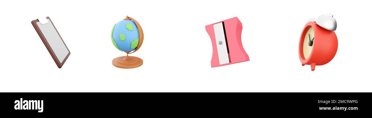 3d rendu document, globe, taille-crayon, icône réveil sur fond blanc. 3d rendu du document, du globe, du taille-crayon, de l'icône du réveil. Banque D'Images