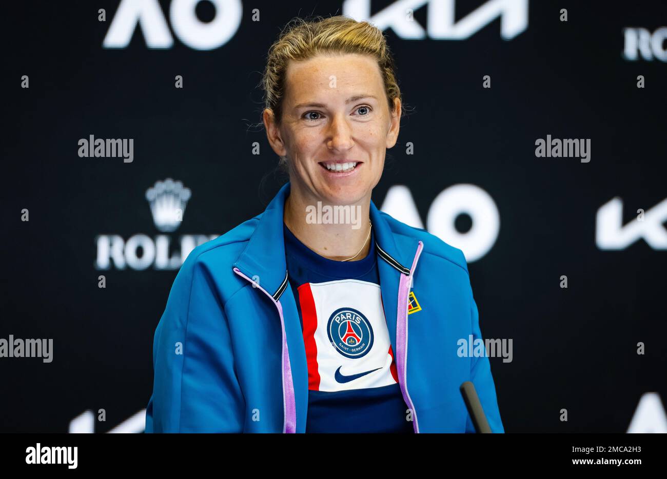 Victoria Azarenka, du Bélarus, s'entretient avec les médias après le troisième tour de l'Open d'Australie, tournoi de tennis du Grand Chelem 2023 sur 20 janvier 2023 à Melbourne, Australie - photo : Rob Prange/DPPI/LiveMedia Banque D'Images