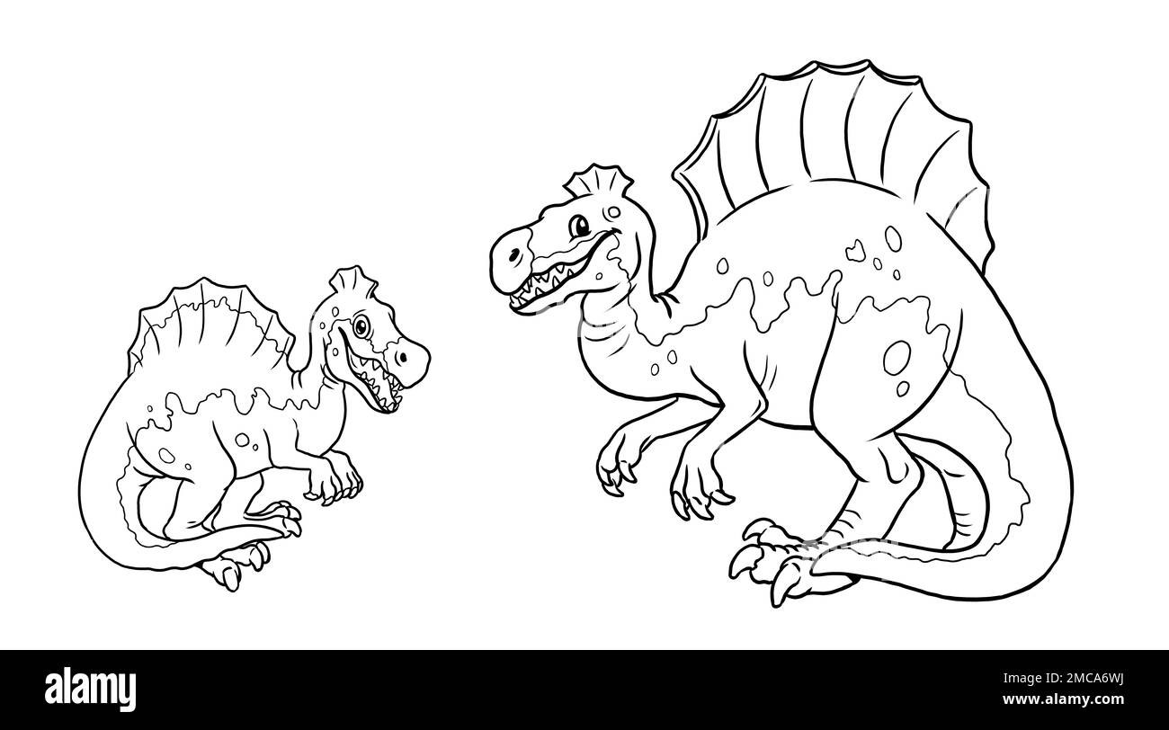 Un dinosaure mignon Spinosaurus à colorier. Modèle pour un livre de coloriage avec famille de dinosaures de spinosaurus drôle. Modèle de coloriage pour enfants. Banque D'Images