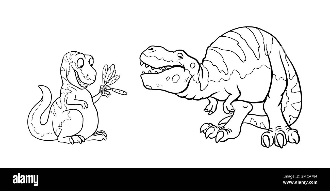 Un joli dinosaure T Rex à colorier. Modèle pour un livre de coloriage avec famille de dinosaures drôle. Modèle de coloriage pour enfants. Banque D'Images