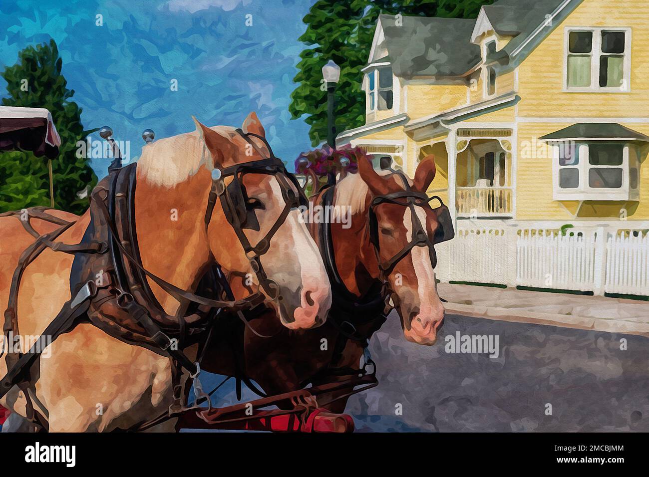Peinture à l'aquarelle créée numériquement de deux chevaux tirant une calèche sur l'île Mackinaw Banque D'Images