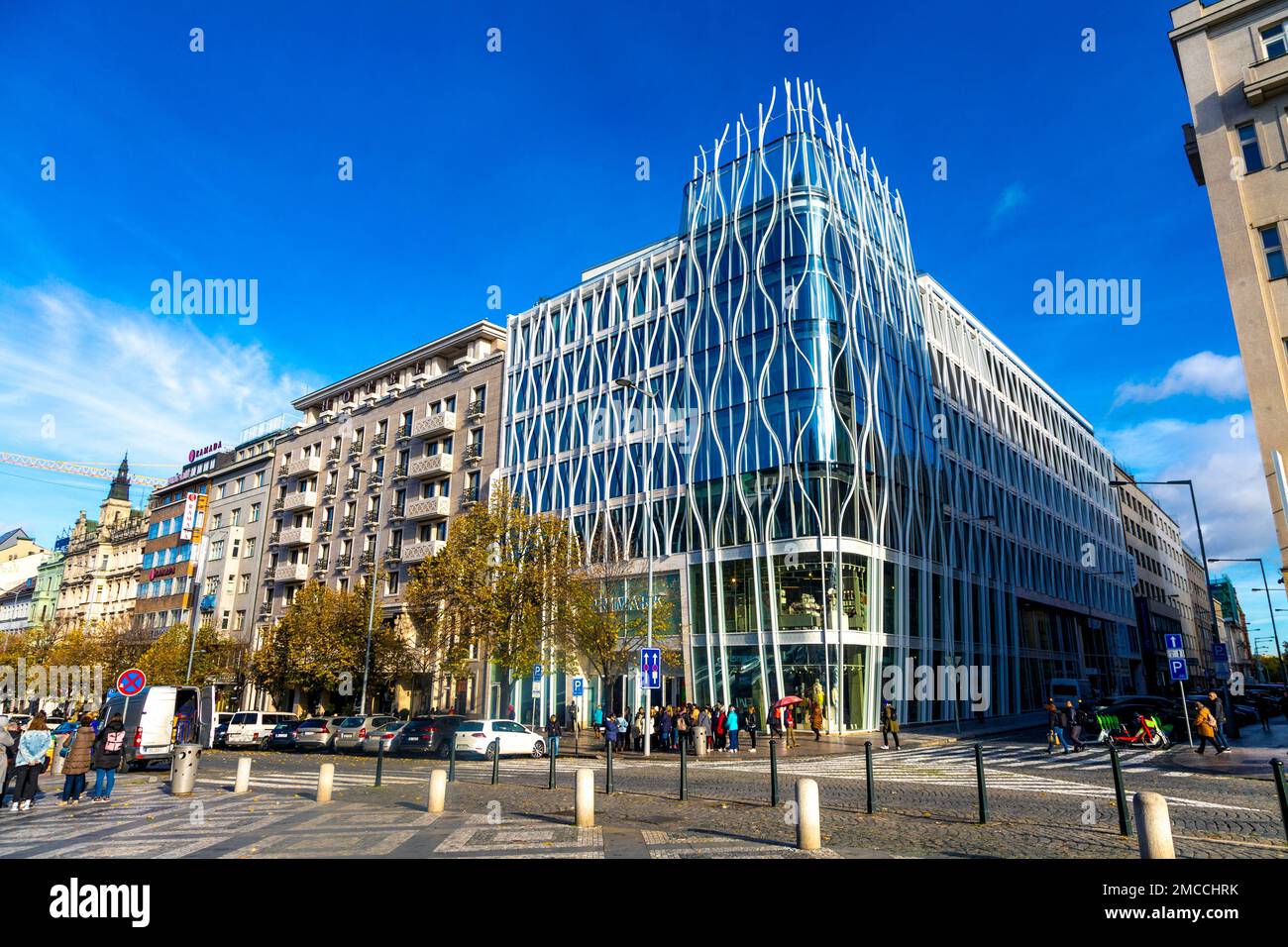 Extérieur du bâtiment de circulation sur la place Venceslas, Prague, Nouvelle ville, République tchèque Banque D'Images