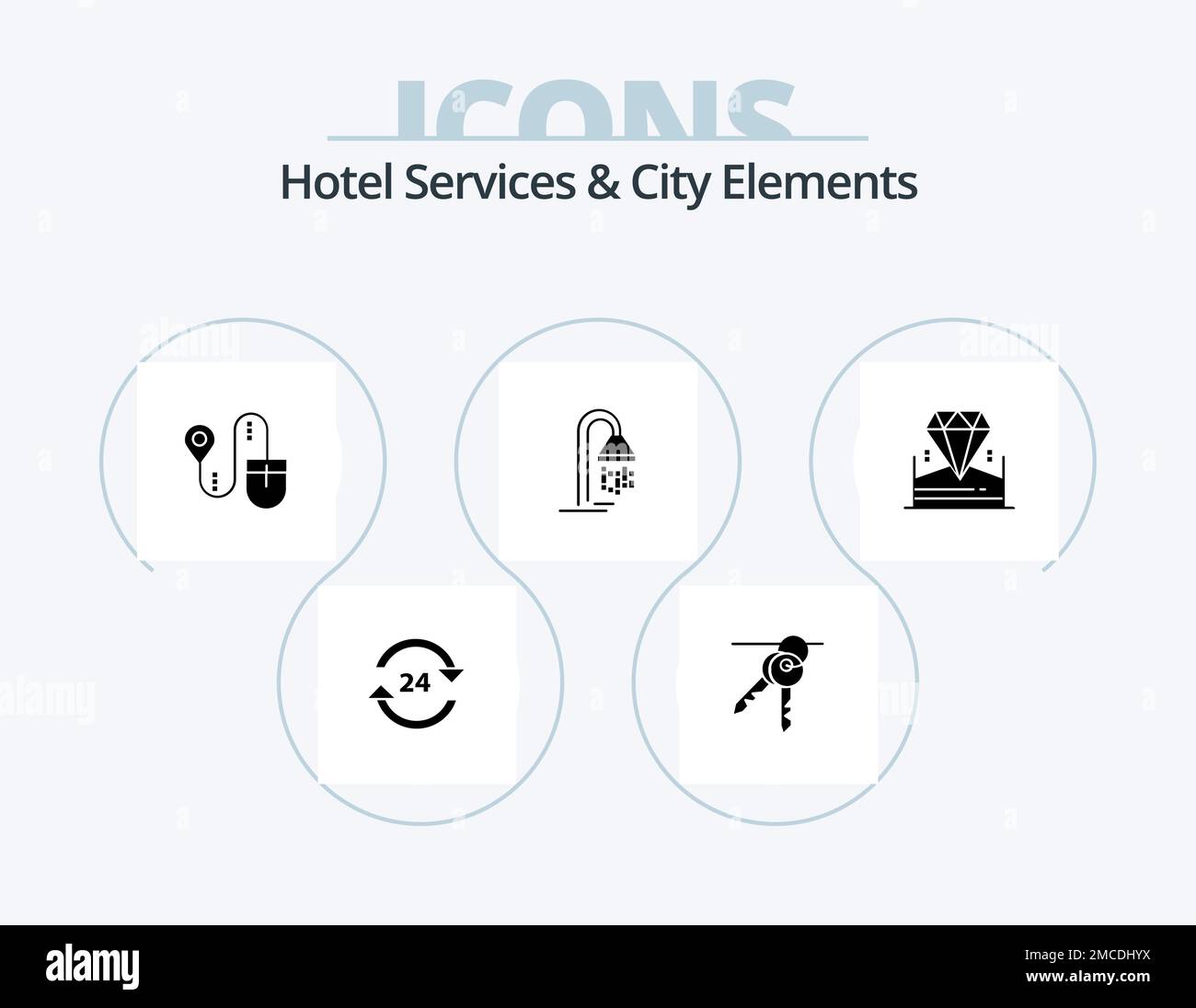 Services de l'hôtel et City Elements Glyph Icon Pack 5 Icon Design. douche. hôtel. chambre. salle de bains. rechercher Illustration de Vecteur