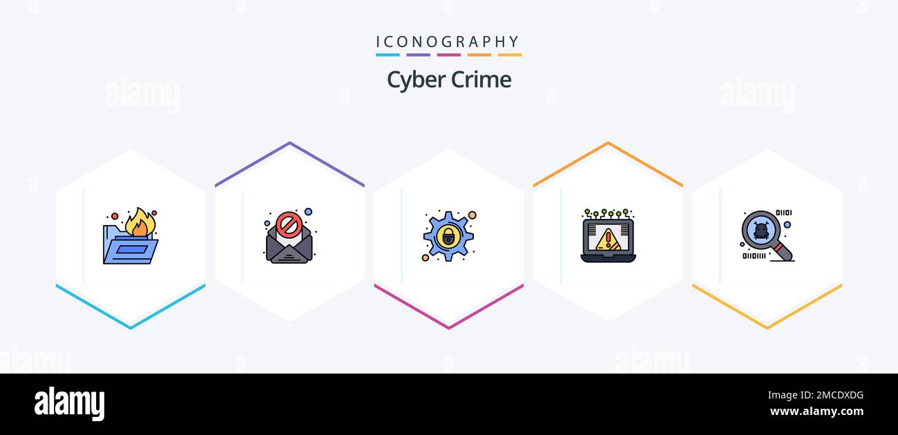 Cyber crime 25 FilledLine icon pack comprenant un logiciel espion. sécurité. verrouillage. avis. crime Illustration de Vecteur