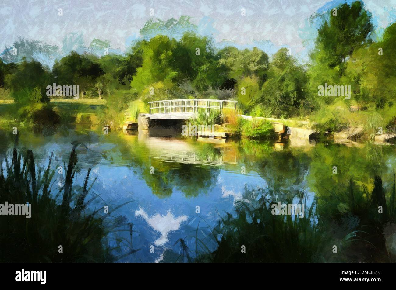 Pont Monet avec réflexion sur l'eau. Cox Arboretum et Metro Park, Dayton, Ohio, États-Unis. La photographie a été post-traitée avec un technicien de peinture numérique informatique Banque D'Images