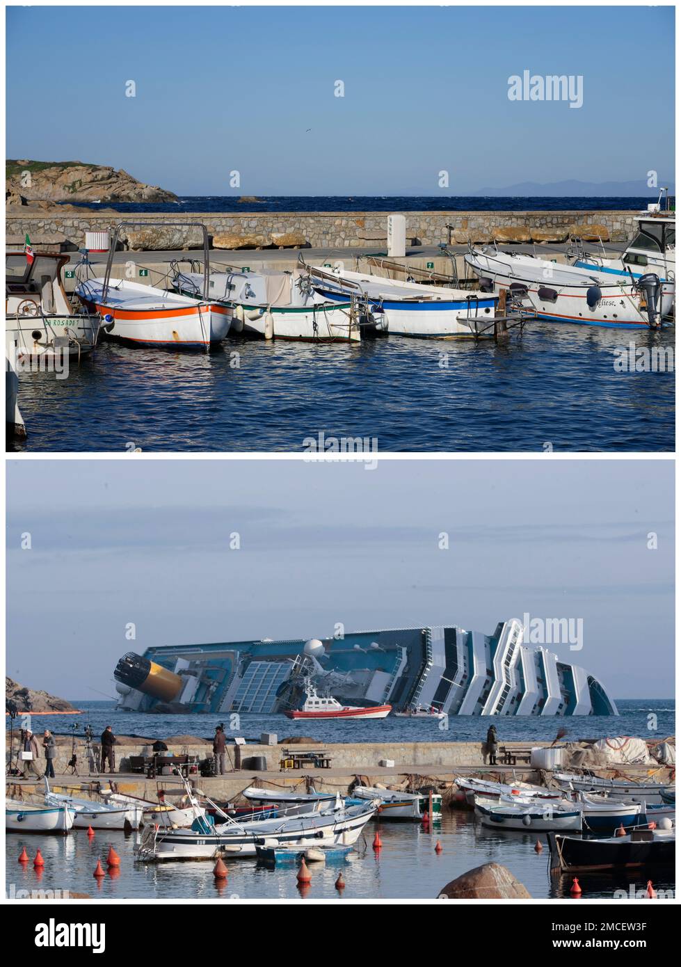 This two-photo combo shows from top, part of the harbor of the Tuscan tiny  island of Isola del Giglio, Italy, on Wednesday, Jan. 12, 2022, and the  same spot on Thursday, Jan.