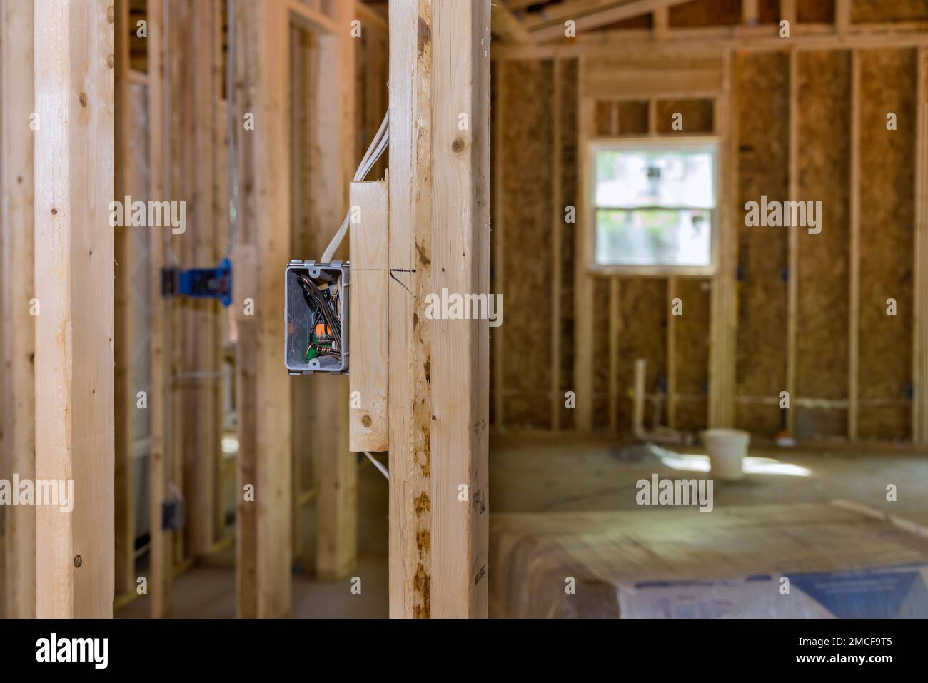 Une maison de cadre en bois non fini avec câblage électrique de base est en cours de construction sur un nouveau site de construction résidentielle Banque D'Images
