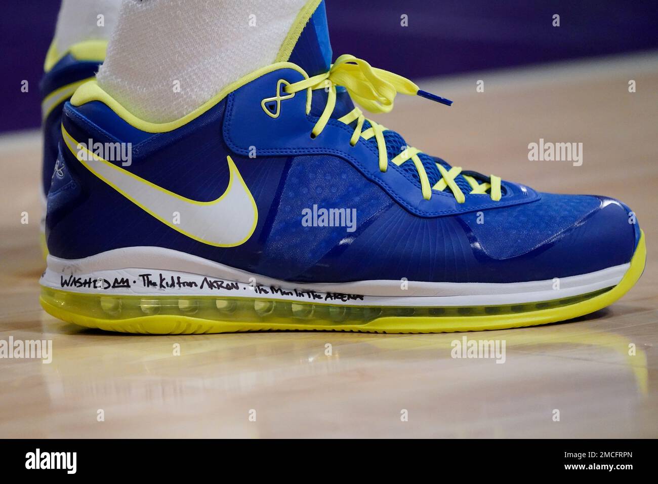 Los Angeles Lakers forward LeBron James (6) wears shoes with a handwritten  message during an NBA basketball game against the Atlanta Hawks in Los  Angeles, Friday, Jan. 7, 2022. (AP Photo/Ashley Landis