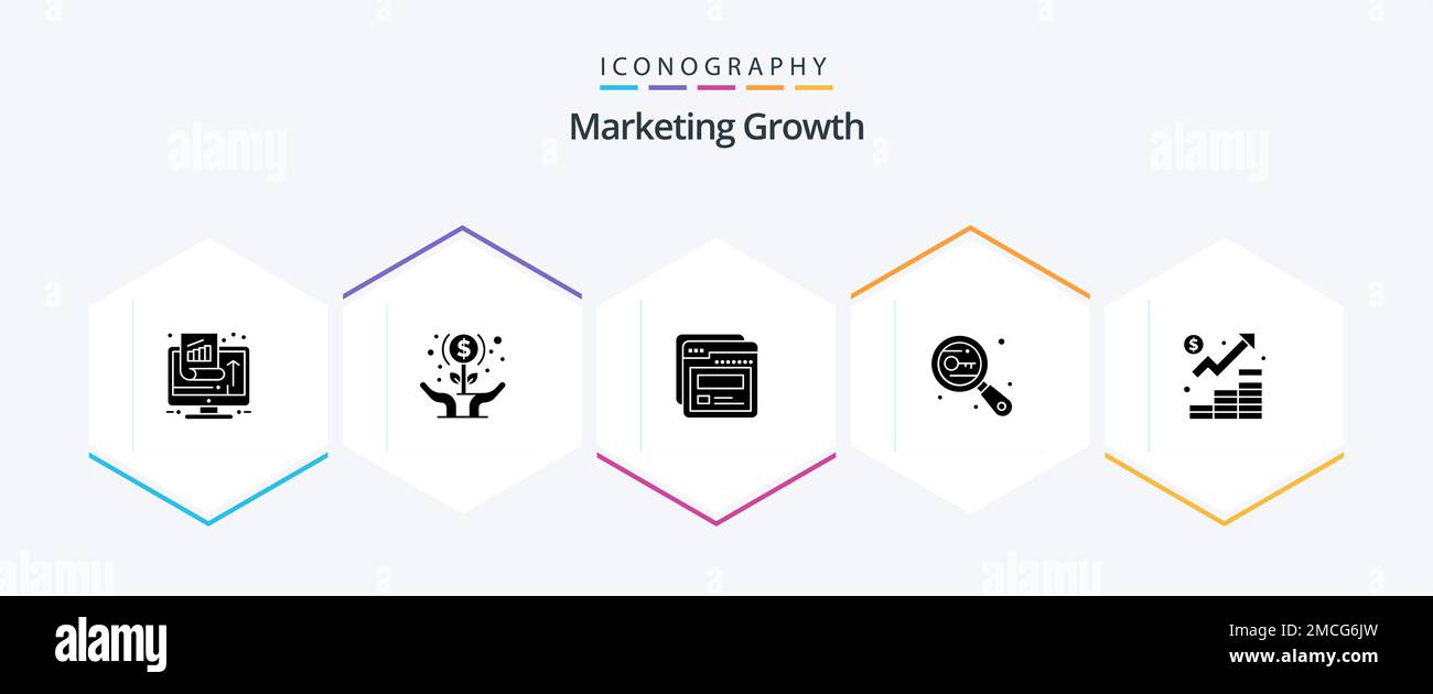 Marketing Growth 25 Glyph Icon pack comprenant la recherche. mots-clés. mains. clé. web Illustration de Vecteur