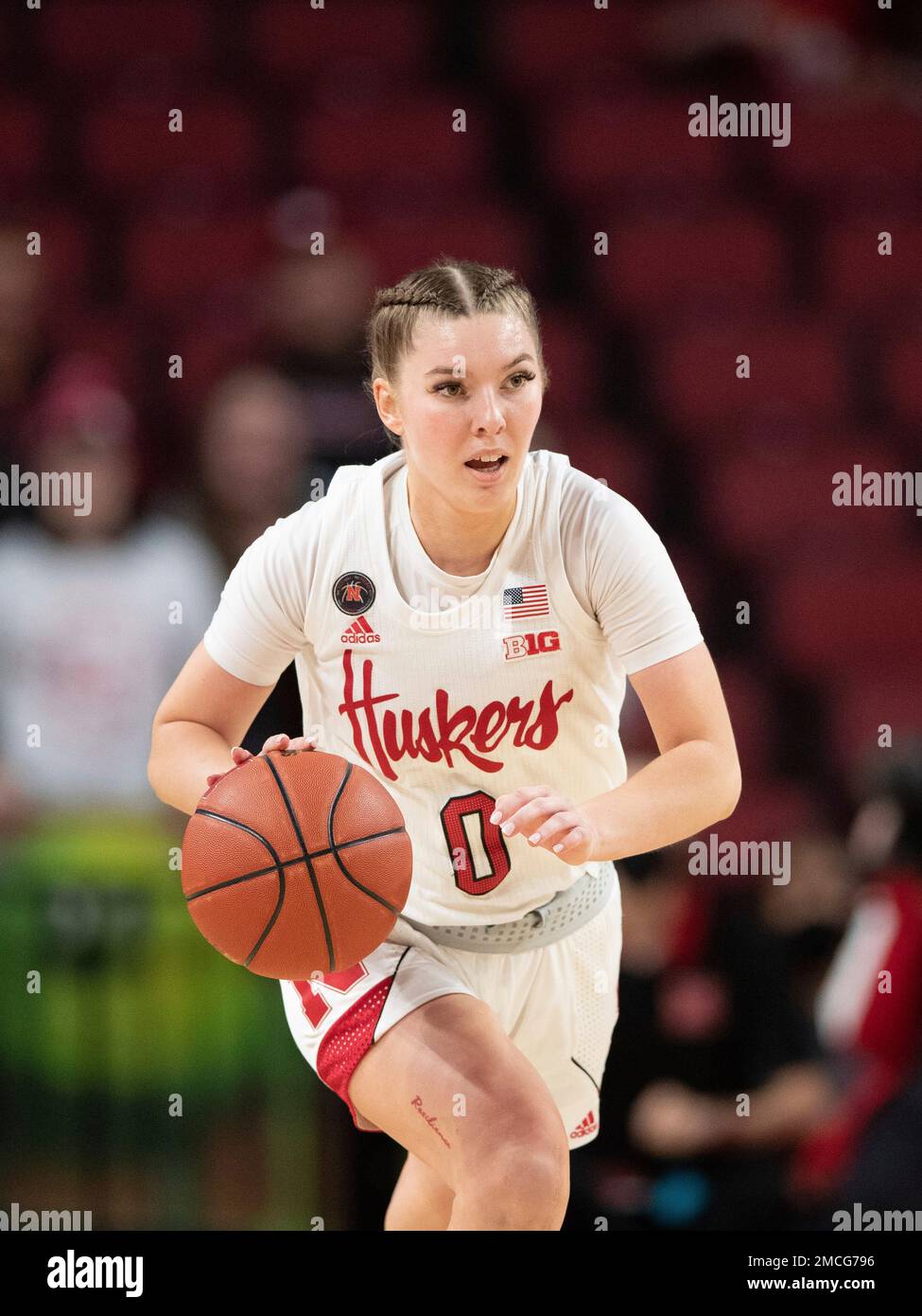 Nebraska's Ashley Scoggin (0) plays against Michigan during the second half of an NCAA college basketball game Tuesday, Jan. 4, 2022, in Lincoln, Neb. Nebraska defeated Michigan 79-58. (AP Photo/Rebecca S. Gratz) Banque D'Images