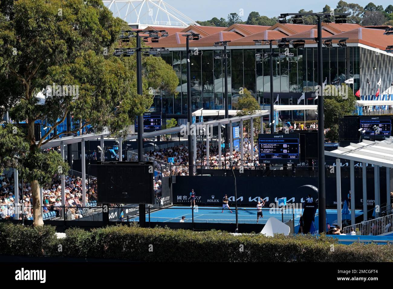 Les joueurs de tennis participent aux championnats de tennis Open d'Australie, au complexe du National tennis Centre à Melbourne, Victoria, Australie Banque D'Images