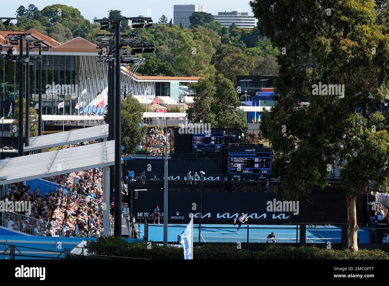 Les joueurs de tennis participent aux championnats de tennis Open d'Australie, au complexe du National tennis Centre à Melbourne, Victoria, Australie Banque D'Images