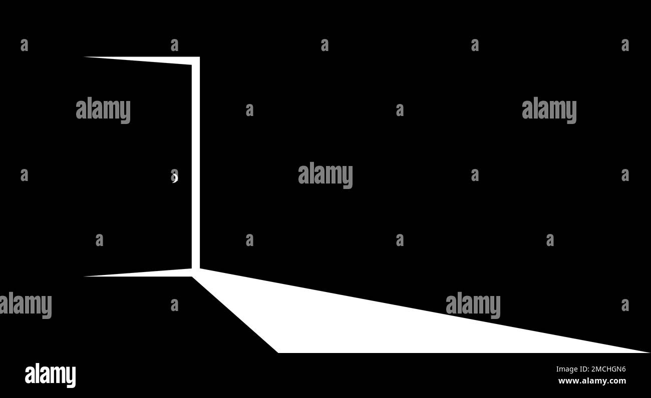 Porte secrète à moitié ouverte, concept de nouvelles opportunités, peur inconnue, pas à l'intérieur, futur, ce qui est derrière, ce qui est là. Illustration plate isolée sur le blac Banque D'Images