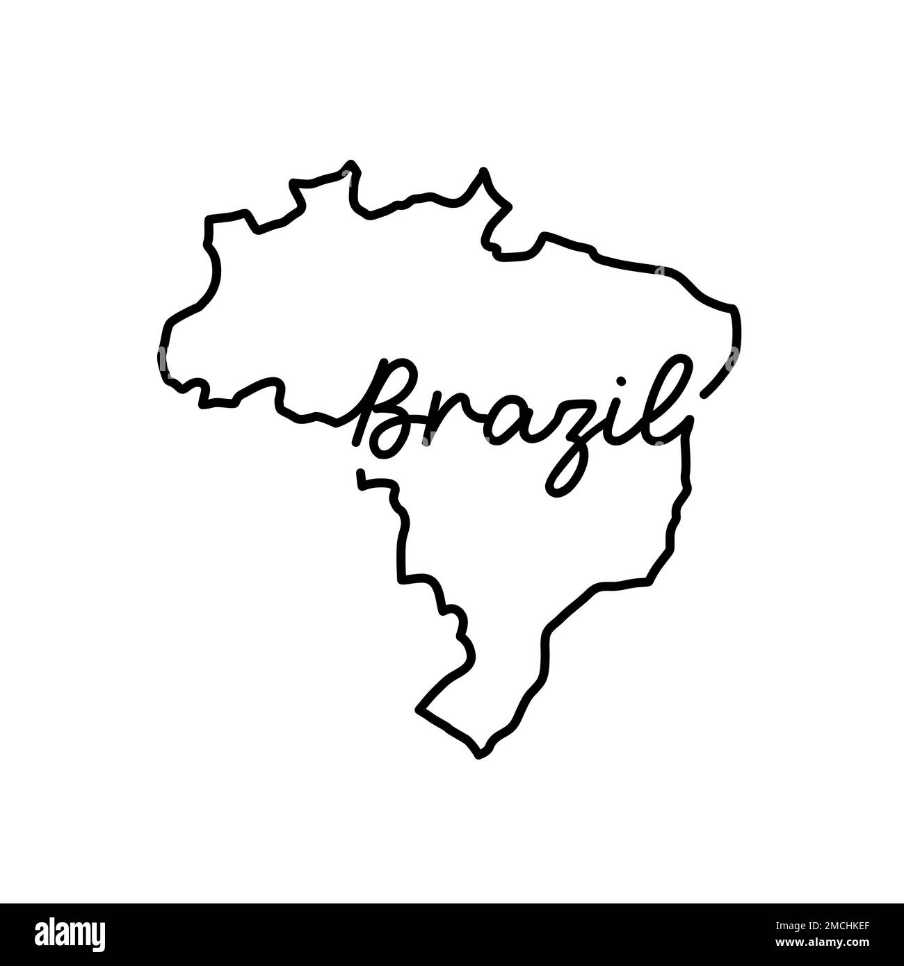 Carte du Brésil avec le nom manuscrit du pays. Dessin de ligne continue de signe de maison patriotique. Un amour pour une petite patrie. Idée de l'imprimé t-shirt. Banque D'Images