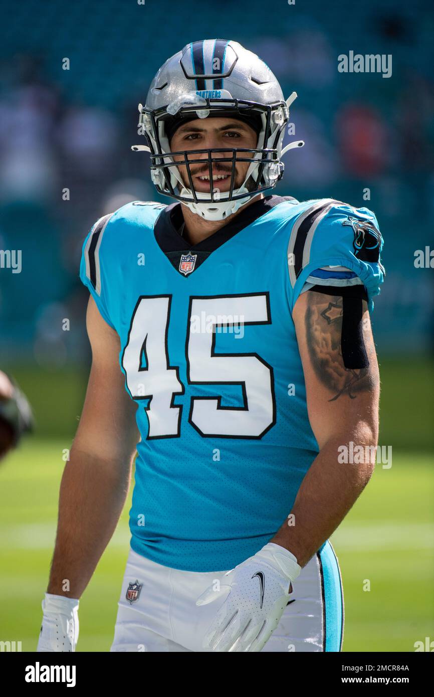 Fullback (45) Giovanni Ricci of the Carolina Panthers warms up before  playing against the Arizona Cardinals in an NFL football game, Sunday, Nov.  14, 2021, in Glendale, Ariz. (AP Photo/Jeff Lewis Stock