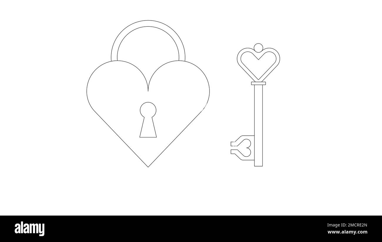 Amour : design en forme de coeur avec cadenas et clé, à la couleur, pour des événements, anniversaires, surprises, jeux, illustrations, ateliers thématiques, mariage Banque D'Images
