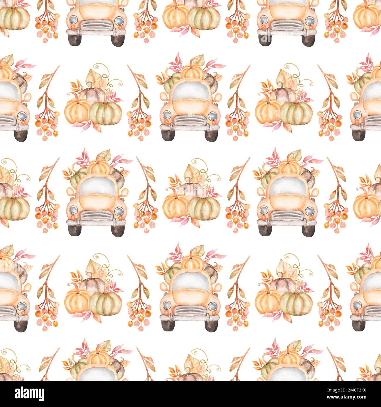 Motif camion de citrouille d'automne sans couture, papier Watercolor Thanksgiving Day, transport rétro, imprimé voiture, motif d'automne vintage, motif de répétition de fleurs Banque D'Images