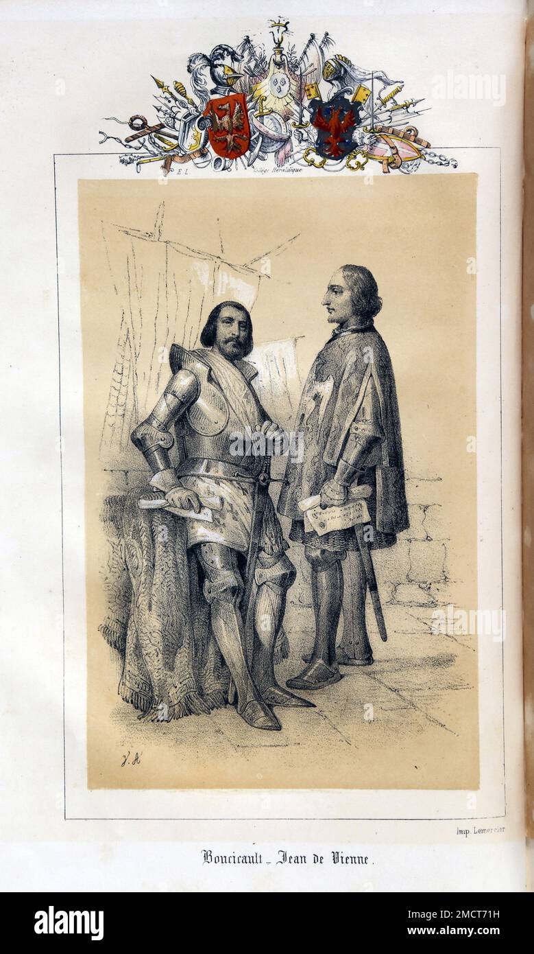 Boucicault (Jean II le Meingre, dit Boucicaut, 1364-1421) et Jean de Vienne (1341-1396) - gravure de « les marins illustres de la France » par Leon Guerin - 1845 - Banque D'Images