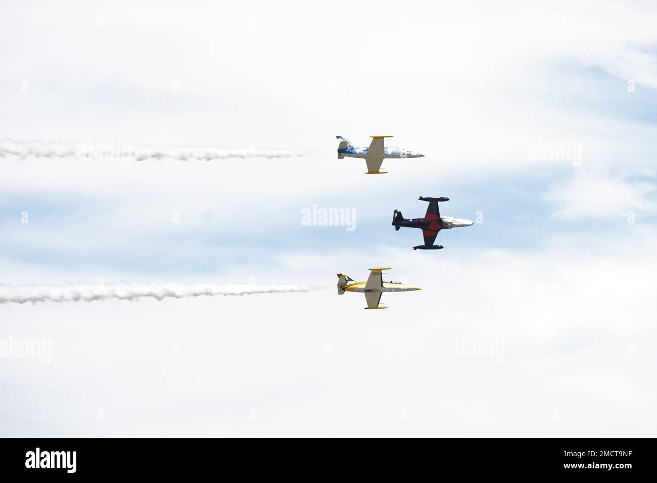 Une équipe canadienne L-39 Albatros effectue un survol lors du salon de la maison et de l’air de la base de la Garde nationale aérienne de Selfridge sur 9 juillet 2022. De nombreuses équipes de démonstration aérienne de renommée mondiale ont joué pour des milliers de spectateurs au cours du salon de l'Air en l'honneur des « 100 prochaines années de SANGB Aviation ». Banque D'Images
