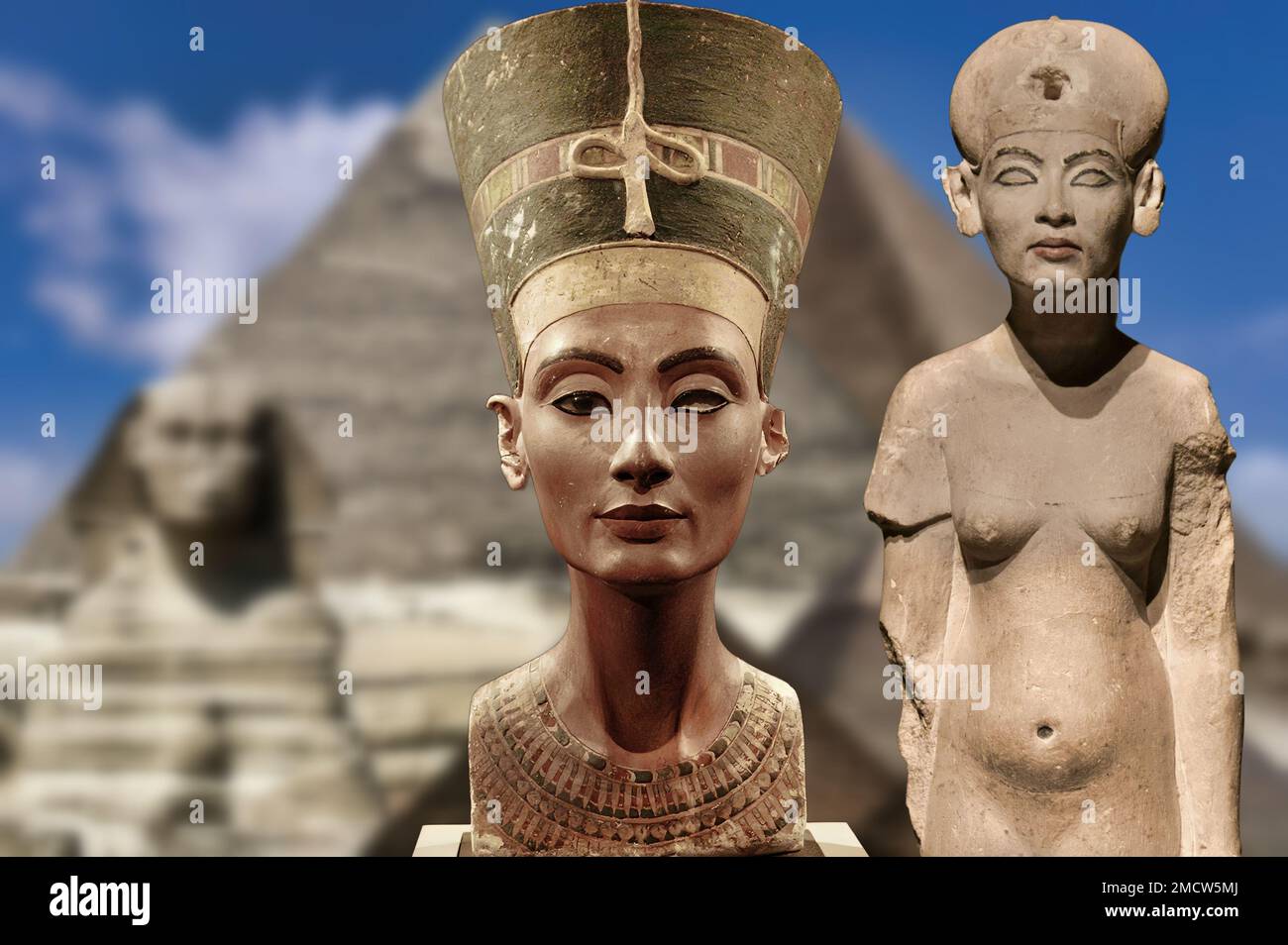 Le buste original et une statue de la célèbre reine égyptienne Nefertiti Banque D'Images