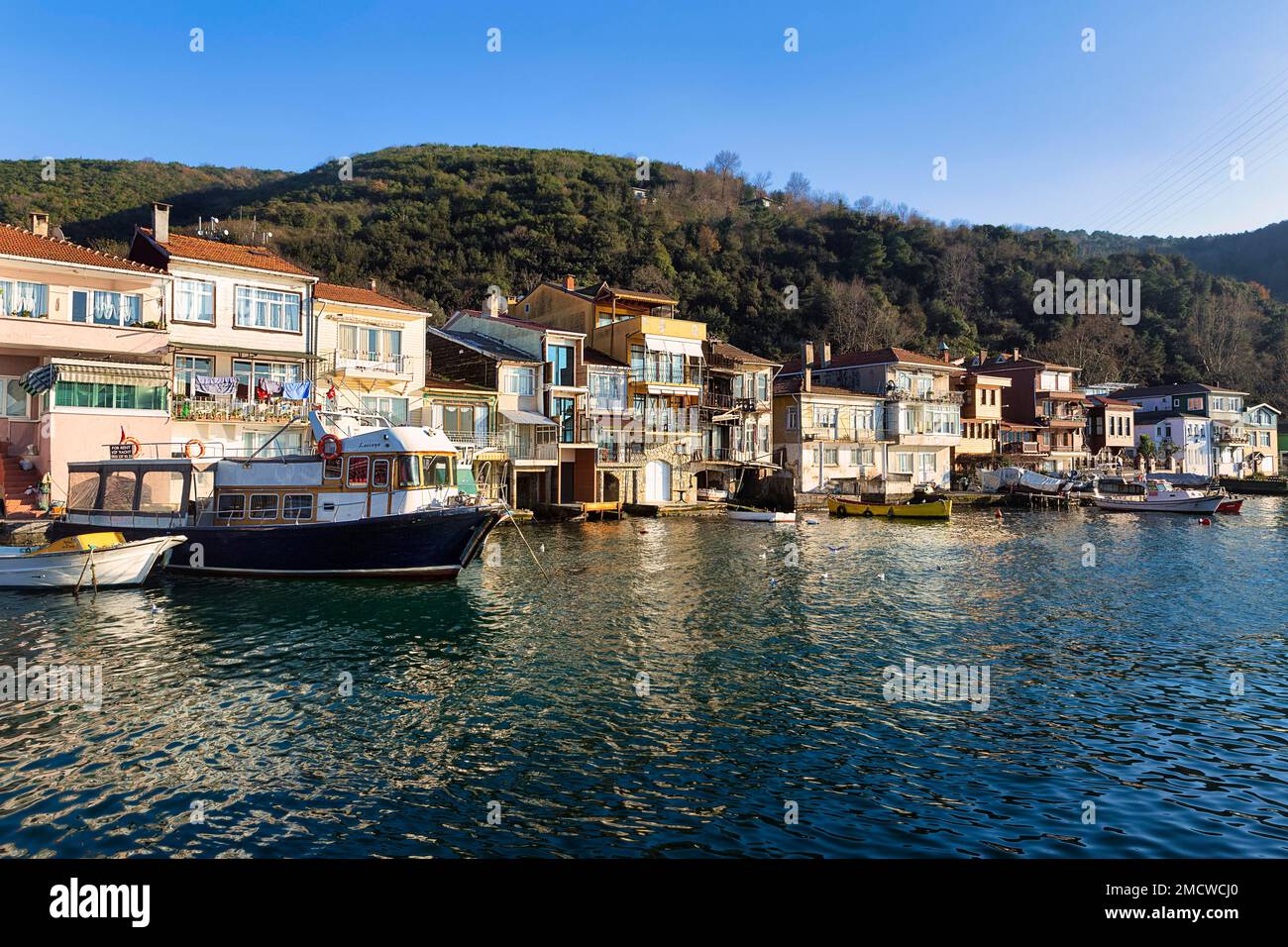 Maisons et bateaux sur la rive du Bosphore, Anadolu Kavagi, Istanbul, partie asiatique, province d'Istanbul, Turquie Banque D'Images