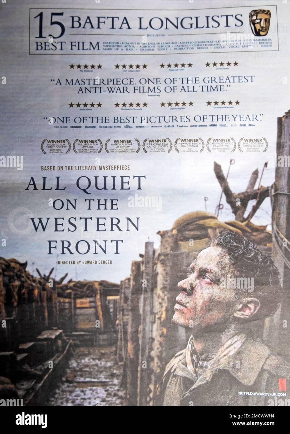 « All Quiet on the Western Front » BAFTA meilleure nomination film meilleure image de l'année publicité dans le journal poster publicitaire Londres Royaume-Uni Grande-Bretagne 2023 Banque D'Images