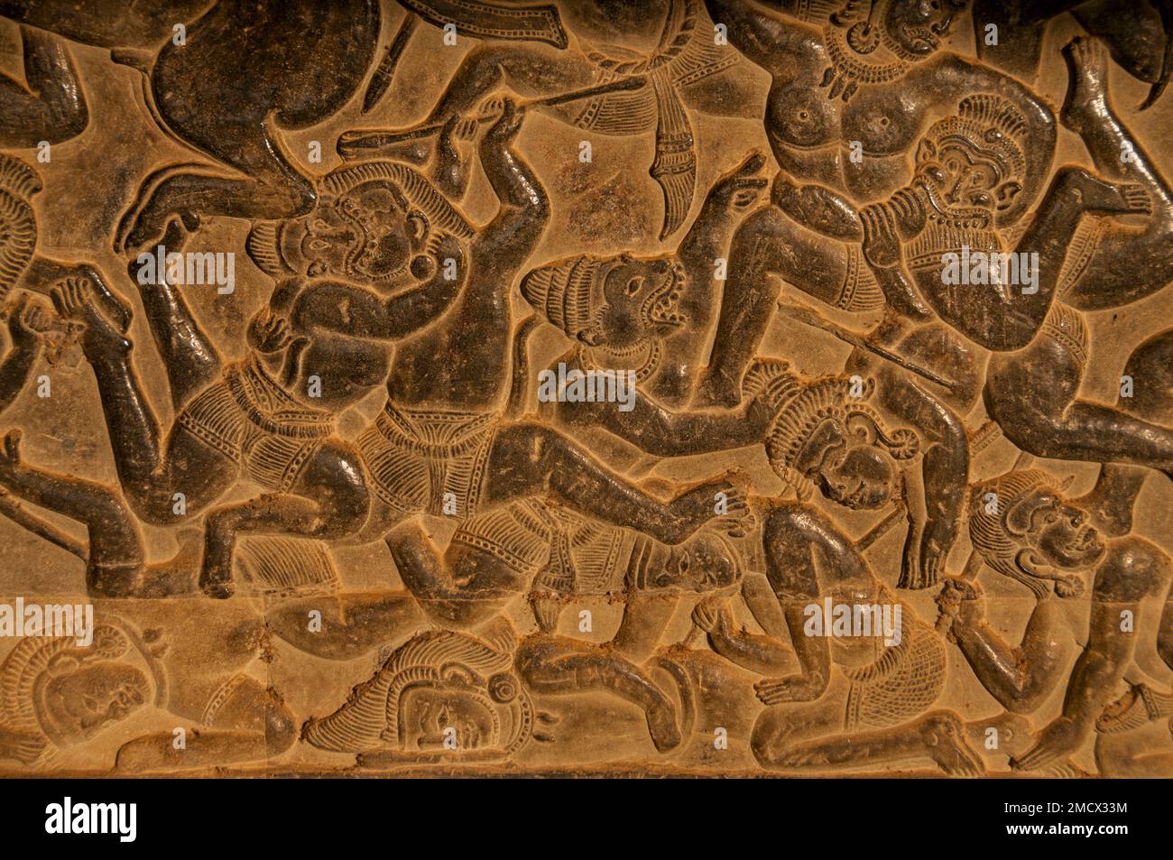 Sculpture de soldats à la bataille de Kurukshetra, temple d'Angkor Wat, Siem Riep, Cambodge Banque D'Images