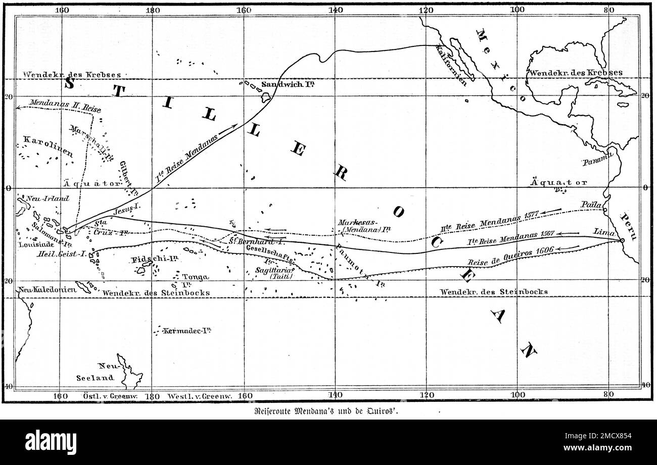Carte, Alvaro de Mendana de Neyra (1541-1595), espagnol, explorateur, marin, 16th siècle, Pedro Fernandez de Quiros (1565-1614) Portugais, Pacifique Banque D'Images