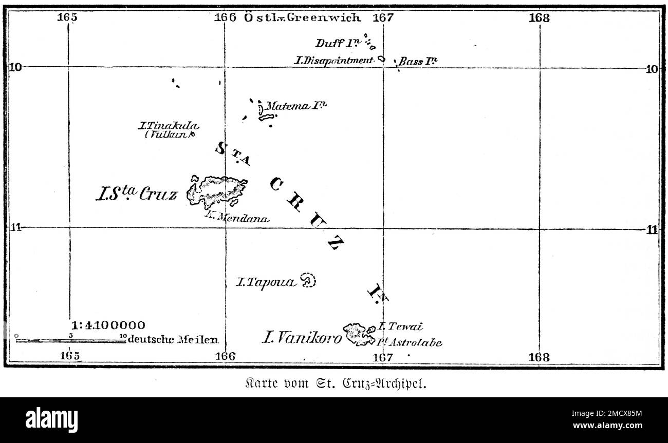 Carte, Archipel de Santa Cruz, Mer du Sud, Océan Pacifique, Océan Pacifique silencieux, Océanie, découvertes, voyages, archipels, grille de degrés, Allemand Banque D'Images
