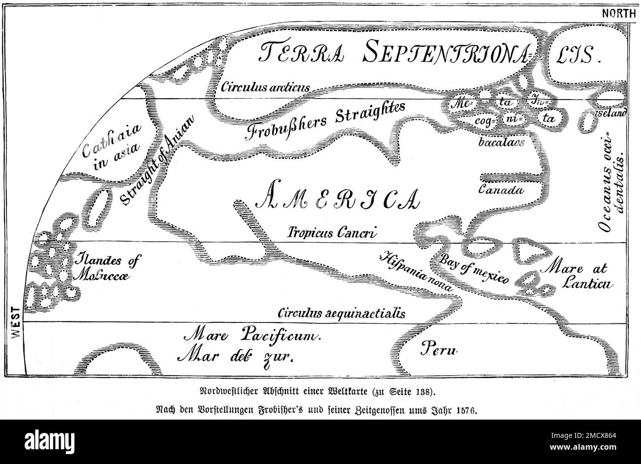 Carte 1576, 16th siècle, Pacifique, Mexique, Pérou, Bay, Atlantique, Canada, Amérique, Frobisher, équateur, voies navigables du nord, illustration historique 1885 Banque D'Images