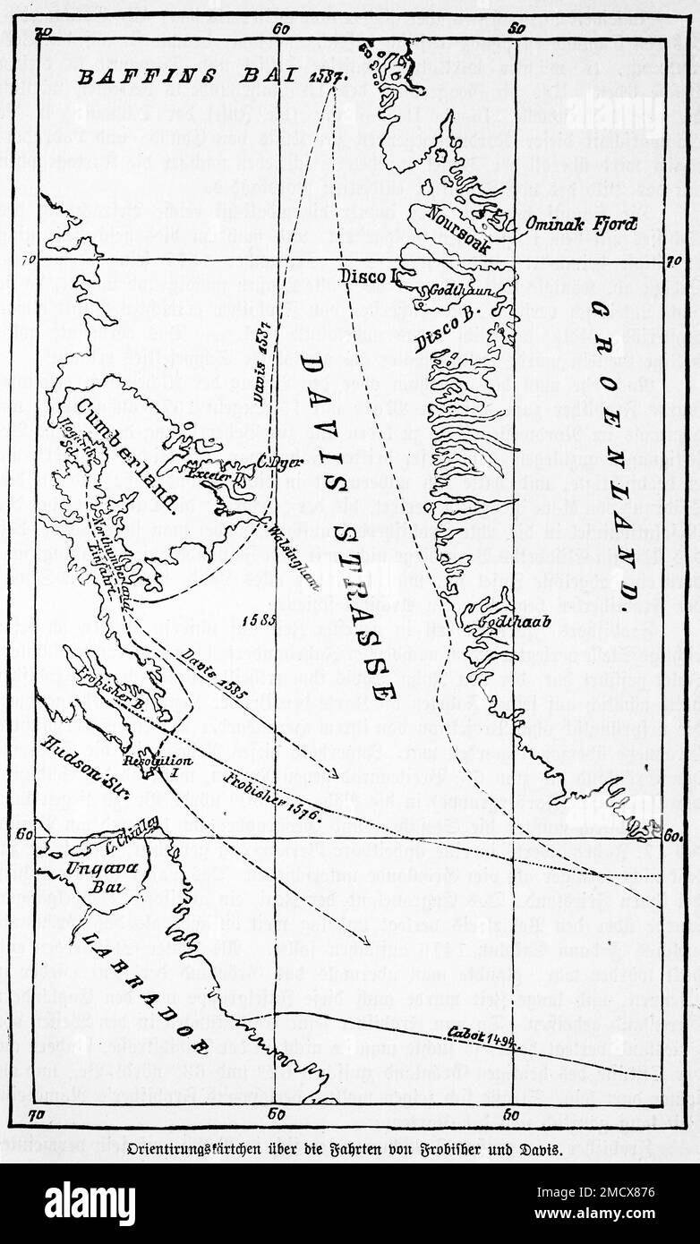 Carte, Groenland, baie de Baffin, Labrador, baie disco, Northern Expeditions, Frobisher, Davis, 16th Century, illustration historique 1885 Banque D'Images