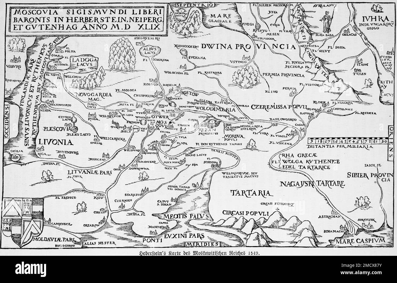 Carte historique 1549, 16th siècle, Europe de l'est, Moscou, Moldavie, Lituanie, Lettonie, Lac Ladoga, Europe du Nord, Finlande, Mer Baltique, Sibérie Banque D'Images
