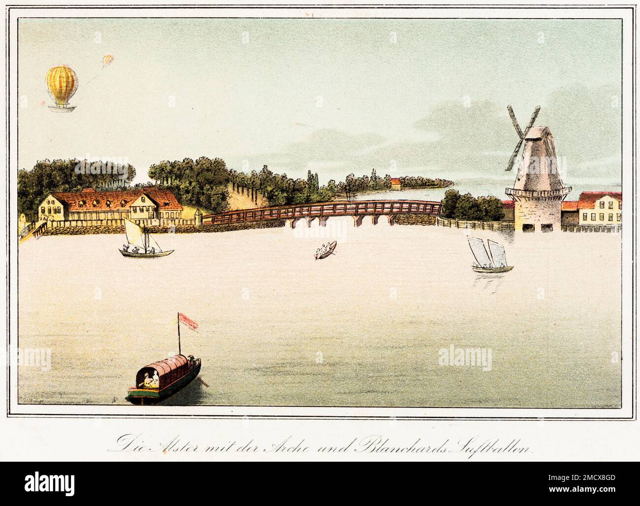 Drôle vieux Hambourg, Alster, montgolfière, bateaux à voile, moulin à vent, pont en bois, bâtiments, maisons, coloré, forêt, illustration historique Banque D'Images
