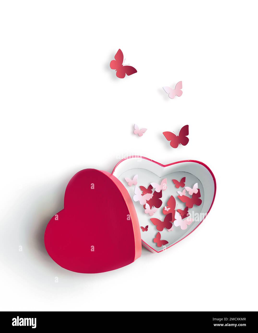 Boîte cadeau ouverte en forme de coeur avec papillon coloré sur fond blanc. Design pour la Saint-Valentin. Banque D'Images