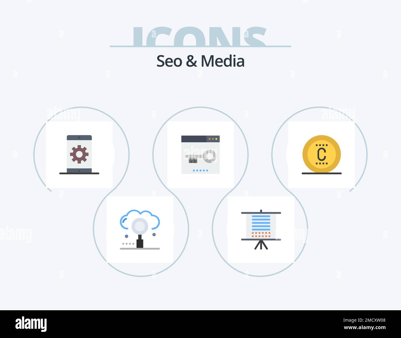 SEO et Media Flat Icon Pack 5 Icon Design. optimisation. mots-clés. web. moteur. téléphone Illustration de Vecteur