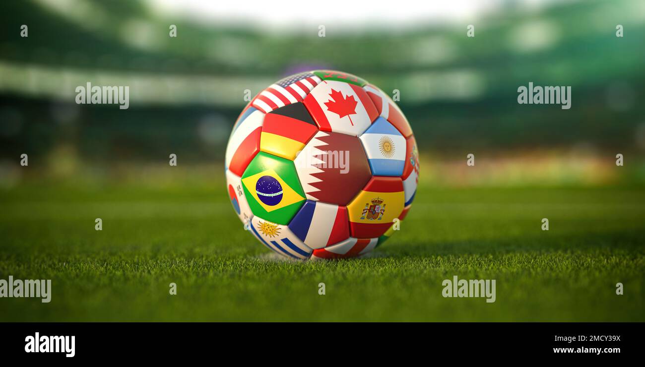 Ballon de football avec drapeaux des pays du monde sur l'herbe de l'arène de football. Coupe du monde au Qatar. 3d illustration Banque D'Images