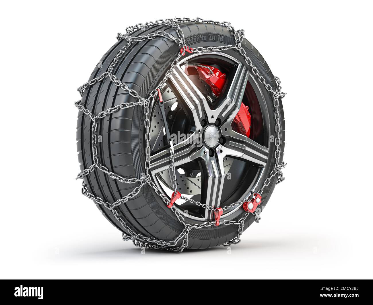 Roue de voiture avec pneu d'hiver et chaîne à neige isolée sur fond blanc. 3d illustration Banque D'Images
