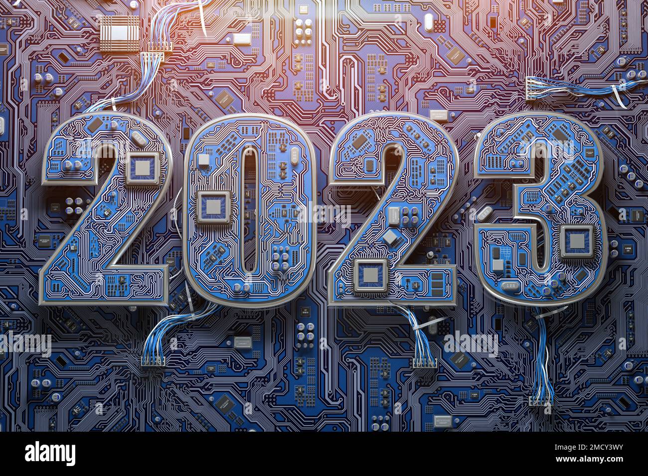 2023 sur la carte à circuits imprimés ou la carte mère avec processeur. Technologie informatique et communications Internet concept numérique de fond. Bonne année 2023. 3d 000 km Banque D'Images