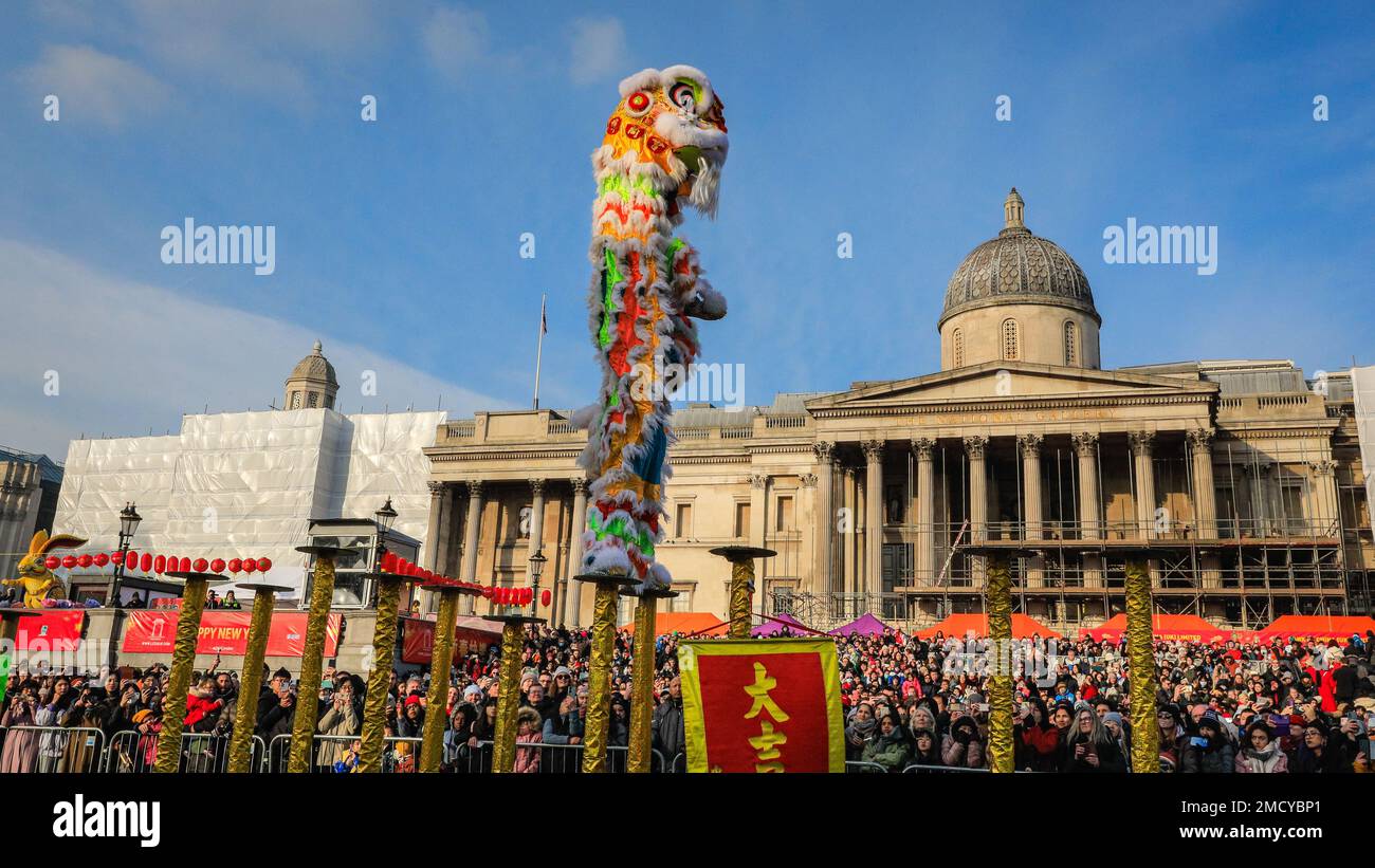 Londres, Royaume-Uni. 22nd janvier 2023. La danse du lion est interprétée par les frères Chen à une grande foule sur Trafalgar Square. Les artistes participent au festival chinois du printemps du nouvel an en déguisements colorés à la foule sur Trafalgar Square. Le festival dynamique retourne dans les rues de Soho et Chinatown pour la première fois depuis 2019 dans sa pleine taille, et est la plus grande célébration du nouvel an lunaire chinois hors de Chine. 2023 est l'année du lapin. Credit: Imagetraceur/Alamy Live News Banque D'Images