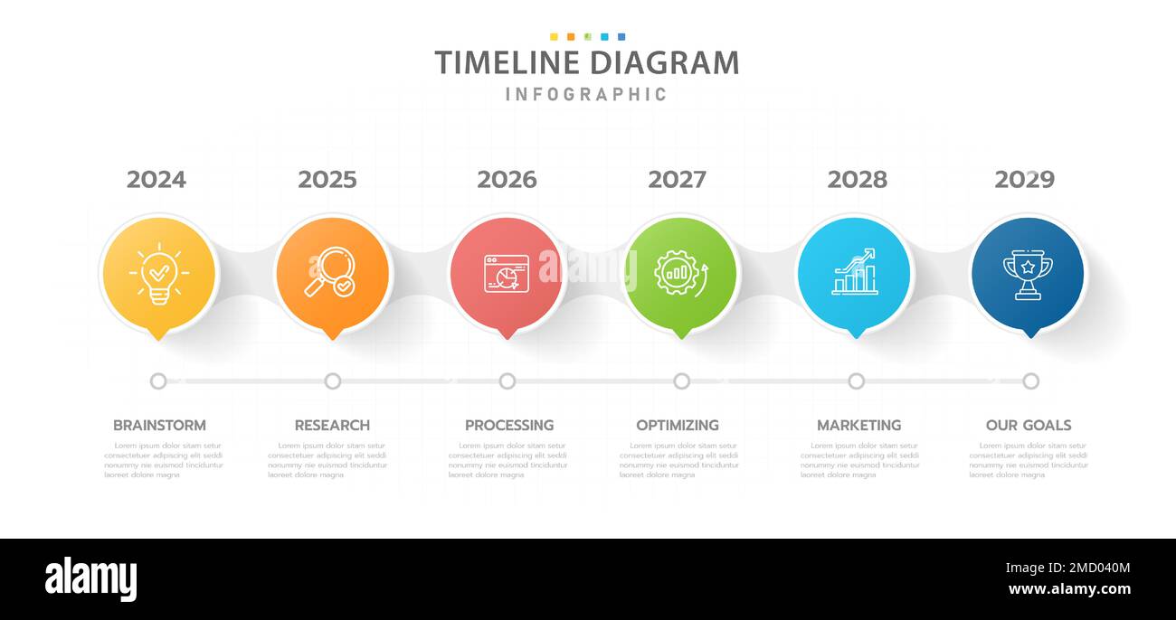 Modèle d'infographie pour les entreprises. Calendrier de diagramme de la Time-Line moderne en 6 étapes avec cercle et sujets, infographie de vecteur de présentation. Illustration de Vecteur