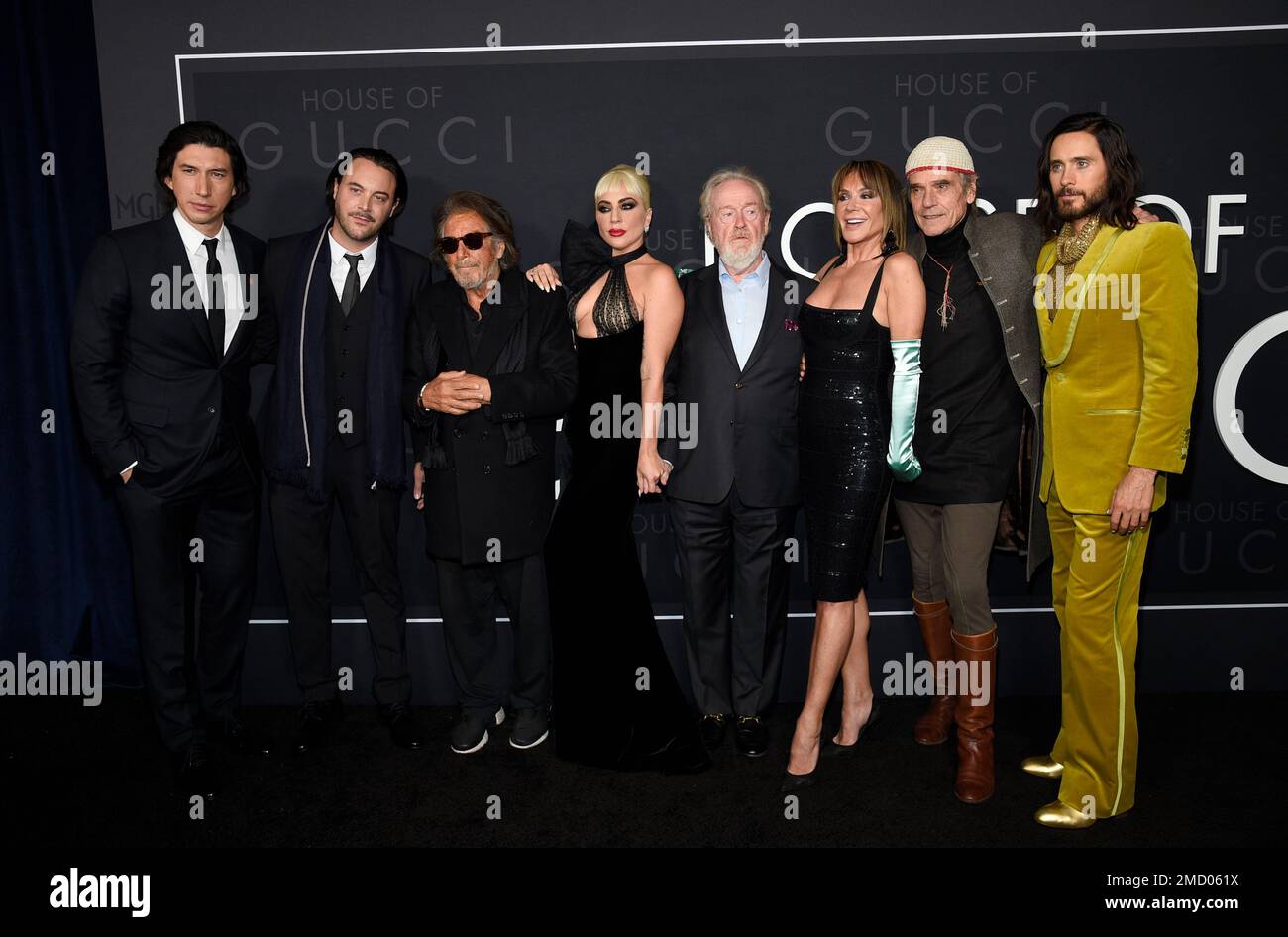 Adam Driver, from left, Jack Huston, Al Pacino, Lady Gaga, director Ridley Scott, Giannina Facio, Jeremy Irons, and Jared Leto attend the premiere of "House of Gucci" at Rose Theater at Jazz at Lincoln Center on Tuesday, Nov. 16, 2021, in New York. (Photo by Evan Agostini/Invision/AP) Banque D'Images